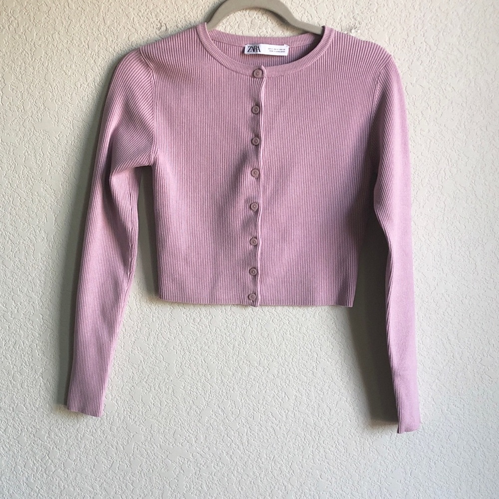 Zara Ribbed Knit Crop Cardigan Mauve Pink Medium Preppy Girly